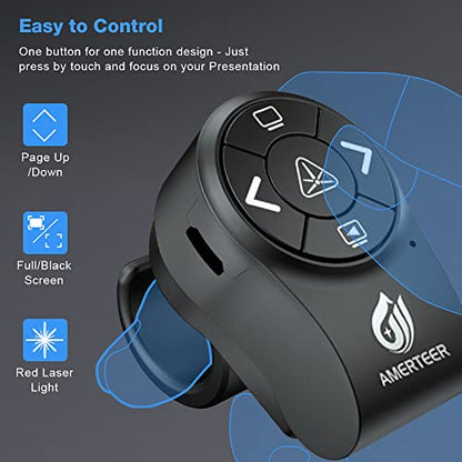 AMERTEER Wireless Presentation clicker for PowerPoint Presentations, RF 2.4GHz Finger Ring Remote, PPT Slides Clicker Pen Rechargeable