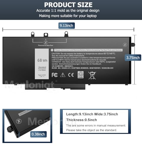 New 68Wh GJKNX Laptop Battery Replacement for Dell Latitude 5490 5480 5580 5590 5280 5288 5488 5591 5491 5495 E5480 E5580 E5490 E5590 Precision 15 3520 3530 Series Fits GD1JP DY9NT 5YHR4 451-BBZG 7.6V - size: 9.13 x 3.75 x 0.5 inches GJKNX BATTERY