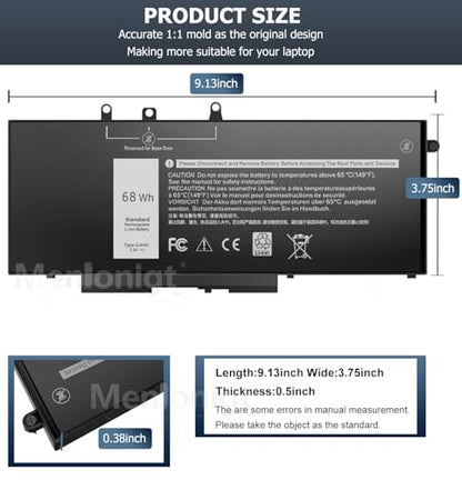 New 68Wh GJKNX Laptop Battery Replacement for Dell Latitude 5490 5480 5580 5590 5280 5288 5488 5591 5491 5495 E5480 E5580 E5490 E5590 Precision 15 3520 3530 Series Fits GD1JP DY9NT 5YHR4 451-BBZG 7.6V - size: 9.13 x 3.75 x 0.5 inches GJKNX BATTERY