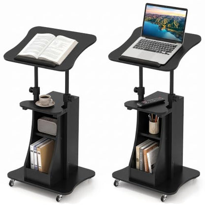 Tangkula Mobile Lectern Podium Set of 2, Height Adjustable Podium Stand, Standing Sit-to-Stand Desk, Rolling Cart Laptop Desk with Swivel Top Movable Wheels & Storage - color: Black, size: 20" x 16" x 44"