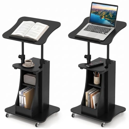 Tangkula Mobile Lectern Podium Set of 2, Height Adjustable Podium Stand, Standing Sit-to-Stand Desk, Rolling Cart Laptop Desk with Swivel Top Movable Wheels & Storage - color: Black, size: 20" x 16" x 44"