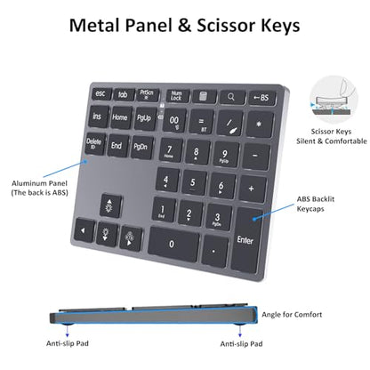 Tri-Mode Aluminum Numpad 7-Color LED Backlit, BT5.0/USB/2.4G Wireless Rechargeable Number Pad 35-Key Scissor Switches Light Up Keycaps for PC/Laptop/Win/Mac, Grey Black