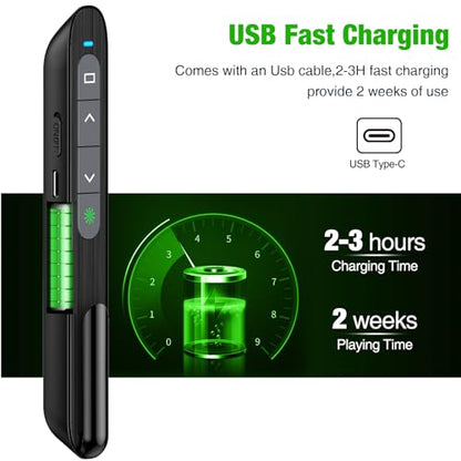 USB C Rechargeable Presentation Clicker with Green Light, Remote Clicker for Presentations Wireless Presenter Slide Changer PPT Advancer with Volume Control for Laptop Computer