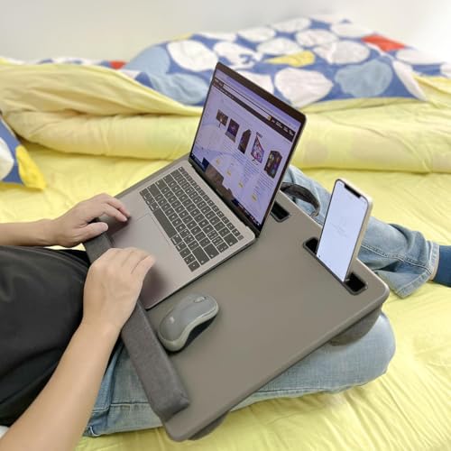 Lap Desk Home Office Lap Desk Portable Laptop Desk for Left Right - Handers with Whole Mouse Pad Wrist Pad Dual Cushion Phone Tablet Slots Fits Up to 17 Inch Laptops - color: Wood Brown