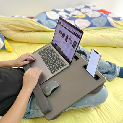 Lap Desk Home Office Lap Desk Portable Laptop Desk for Left Right - Handers with Whole Mouse Pad Wrist Pad Dual Cushion Phone Tablet Slots Fits Up to 17 Inch Laptops - color: Wood Brown