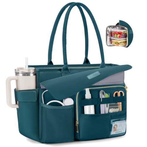 RAINSMORE Nurse Bag with Insulated Lunch Compartment, Laptop Work Bag Women | Large Lunch Tote Bag with 40OZ Cup Holder, Waterproof 15.6"/17.3" Teacher Laptop Bag for Office, College, Travel - color: Green, size: 15.6 Inch
