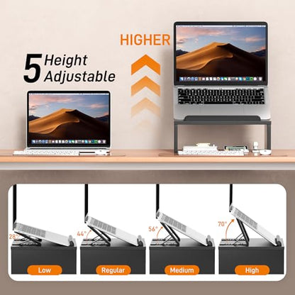 AFOOYO Adjustable Wood Laptop Stand with Storage Space - Notebook Organizer & Ergonomic Computer Riser, Wrist Rest Included, Compatible with 9.8-15'' Laptops (MacBook Air Pro/HP/Dell/Lenovo),Black - color: Black