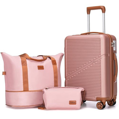 Cosbarn Carry On Luggage,3 Piece Carry On Suitcase,22x14x9 Airline Approved | Lightweight ABS Hardside Luggage, TSA-Approved Lock,Suitcases with Wheels,20Inch,Matching Duffle Bag,For Men&Women - color: RoseGold, style: Carry on Luggage With Duffel Bag