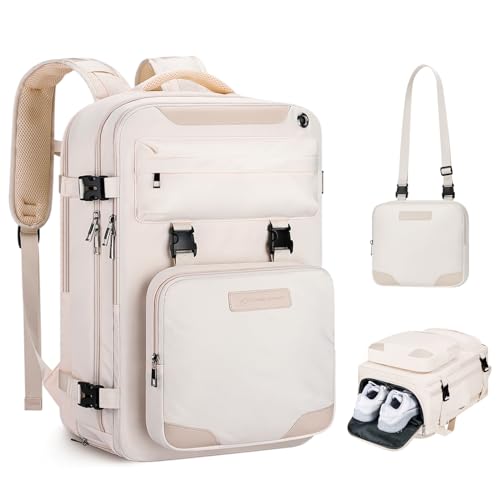Maelstrom Travel Backpack for Men Women, 17.3" Laptop with Shoe Compartment | Detachable Crossbody Bag, Lightweight, Airline Approved, Waterproof, Anti-theft Pocket, Luggage Belt,for Work/Business/School - color: Beige, size: A.17.3 inch-Upgrade