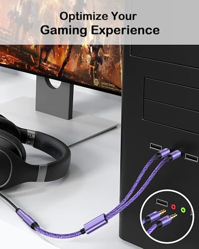 3.5mm Audio Splitter for Headphones and Microphone (Purple) | 3.5mm Female to 2 Male, Headset to PC Adapter, Y Splitter Cable Adaptor, Gaming & Office, PS5, Xbox, Switch, Laptop, Tablets