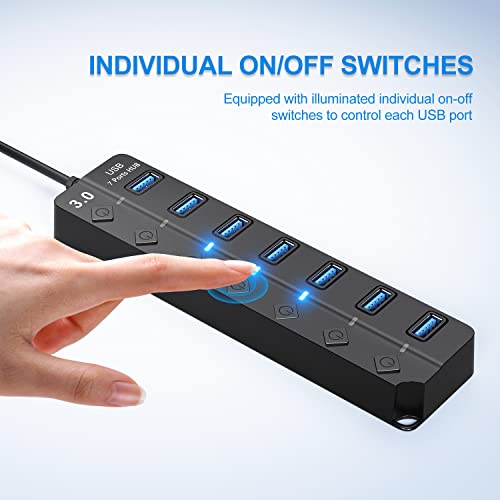 USB Hub 7 Port, USB Splitter with Individual On/Off Switches and Lights. | USB 3.0 Hub with 3.3ft Cable, Extender for A Port Laptop, PC, Desktop - color: Black
