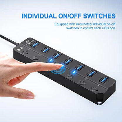 USB Hub 7 Port, USB Splitter with Individual On/Off Switches and Lights. | USB 3.0 Hub with 3.3ft Cable, Extender for A Port Laptop, PC, Desktop - color: Black