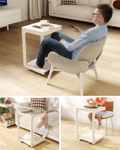 AQIMUELE Wooden C-Shaped End Table,Couch Table with Adjustable Desktop,Small Rolling Side Table with 2 Lockable Wheels,Small End Table for Couch, Living Room,Bedroom (White) - color: White, size: 15.6"D x 15.7"W x 24.8"H, style: Modern 2 Tier