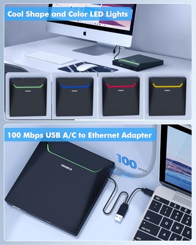 New External CD DVD Drive Cool DVD Burner with Ethernet Adapter USB 3.0 Hub | 3 USB Ports and 2 TF/SD Card Slots, CD DVD Player Reader Writer Optical Disc Drive for Laptop MacBook PC Windows Linux Mac OS - size: 5.8" x 6.1" x 0.7"