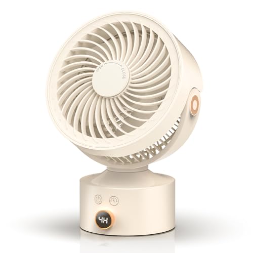 Desk Fan Small Oscillating for Bedroom, 9 Inch Quiet Desk Fan Air Circulator with 3 Speeds, 4H Timer, Rechargeable Desk Fan for Office/Dorm/Room-Beige