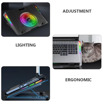 Alasum Foldable Laptop Cooling Pad with Low Noise Fans and RGB Lighting Effects Plastic and Iron Mesh Laptop Stand with Five Levels of Height Adjustment