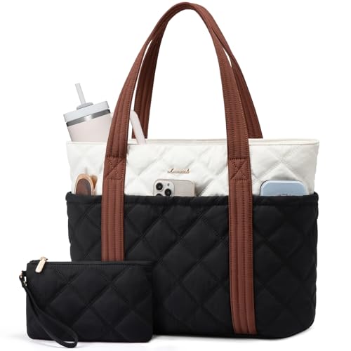 LOVEVOOK Puffer Tote Bag for Women, Puffy Work Handbag with Cup Holder, Travel Carry On Bag with Zipper for Teacher Nurse Gym - color: Black & Beige & Brown, size: 15.6 Inch-27L