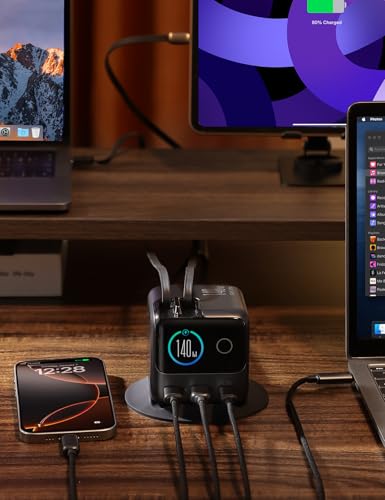 JOYROOM 5-in-1 USB C Charging Station, 140W Ultra-Fast 5-Port Desktop Charger with Dual Retractable 100W USB-C Cables (2.6ft), 1.54” Smart LCD Power Display for MacBook, iPhone, Home & Office