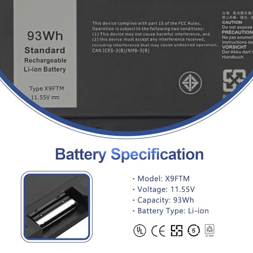 93Wh X9FTM Laptop Battery for Dell Precision 7670 7680 7770 7780 Mobile Workstation Series P114F P114F001 P114F002 P115F P115F001 P115F002 5JMD8 965V4 05JMD8 0965V4 0X9FTM 11.55V 6-Cell Battery