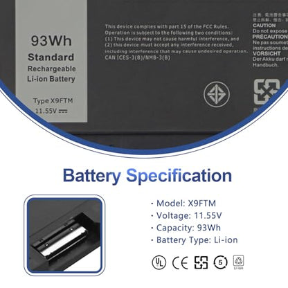 93Wh X9FTM Laptop Battery for Dell Precision 7670 7680 7770 7780 Mobile Workstation Series P114F P114F001 P114F002 P115F P115F001 P115F002 5JMD8 965V4 05JMD8 0965V4 0X9FTM 11.55V 6-Cell Battery