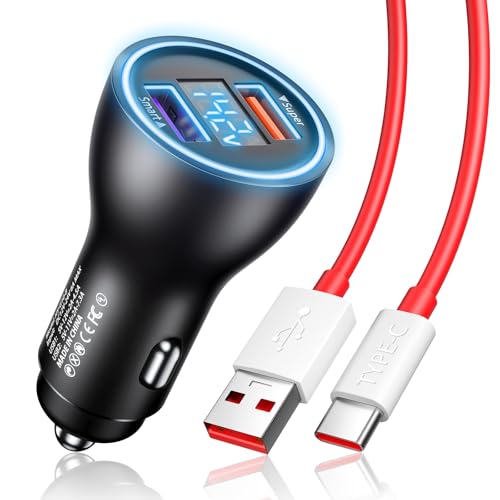 Car Charger for SuperVooc 100W 80W for OnePlus 13 15 13R 12R 12 11 | 65W Charger for OnePlus 10 Nord N30 N100 Open Pad 9 Pro 8 7T 6T 6 LED Display Dual USB Car Charge Adapter 3.3FT Fast Cable