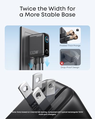 Anker 100W Max USB C Charger, 3-Port GaN Phone Charger with Smart Display | Ultra-Compact Fast Laptop Charger with Touch Control for iPhone 17 Series,iPad,MacBook Pro/Air(Include Cable,Non-Battery) - color: Dark Gray