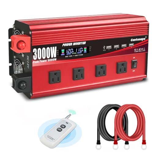 Cantonape 3000W Power Inverter 12V to 110V/120V DC to AC with LCD Display, Remote Controller 4 x AC Outlets and 4 x 3.1A USB Car Adapter for Car Truck Boat RV Solar System - size: 3000W-12V