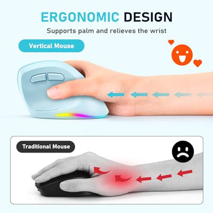 MEETION Ergonomic Wireless Vertical Mouse, Rechargeable, Blue | Bluetooth 5.2 + 3.0 and USB connectivity, RGB backlight, 4 DPI adjustment, compatible with Windows, Mac, Android, PC and iPad - color: Right Blue