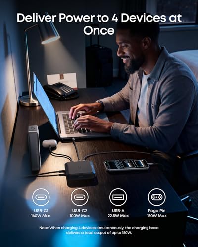 Anker Charging Base for Prime Power Banks with Pogo Pin, 150W Max | Powers Up to 4 Devices, for MacBook Pro / Air, Dell, iPhone 17 / 16 Series, Samsung, and More (Power Bank Not Included)