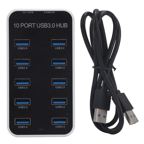 Diyeeni USB 3.0 Hub 10 Port Data Hub Splitter with Individual On Off Switches, 5Gbps High Speed USB Expander for Laptop PC Printer Hard Drive Flash Drive, Powered Docking Station