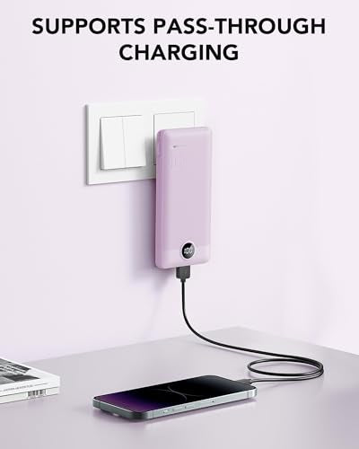VRURC Portable Charger, Power Bank Built-in Cables and AC Wall Plug | USB C Power Bank 10000mAh Travel Essentials Phone Charger Compact External Battery Pack For Smart Phones, Tablets etc-Purple - color: Purple