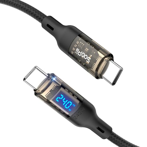 SOOPII USB C to USB C Cable [240W 10ft],Fast Charging USB C Cable with LED Display for MacBook Pro,lPhone16/15/15Pro/15ProMax,Galaxy S23+/S23 Ultra/S22 Ultra,etc.,Transparent Shell,(Black) - color: Black, size: 10FT