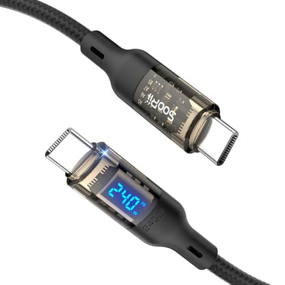 SOOPII USB C to USB C Cable [240W 10ft],Fast Charging USB C Cable with LED Display for MacBook Pro,lPhone16/15/15Pro/15ProMax,Galaxy S23+/S23 Ultra/S22 Ultra,etc.,Transparent Shell,(Black) - color: Black, size: 10FT