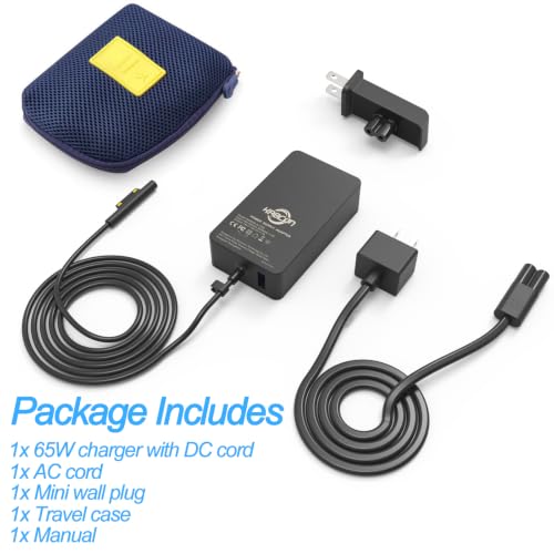 65W Surface Pro Laptop Charger for Microsoft Surface Pro 12 11 10 9 8 7+ X | 7 6 5 4 3, Windows Surface Laptop 7 6 5 Studio 4 Go 3 2, Surface Go Tablet, Surface Book 2 1, Support 44W, 10FT, Travel Case