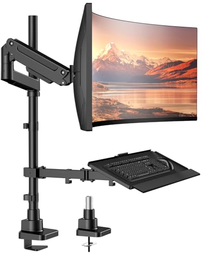 PUTORSEN Heavy-Duty Monitor Arm with Keyboard Tray, Sit-Stand Desk Mount for Up to 49" Screens, 32" Extended Reach Full-Motion Articulating Arm with Pneumatic Spring, C-Clamp & Grommet Mount (Black) - size: 49 Inch