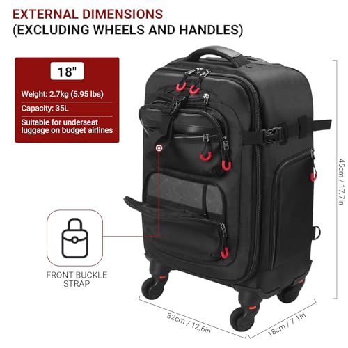 Rolling Backpack with Wheels – Airline Approved Underseat Carry-On Luggage 18x14x8, Water-Resistant Personal Item Bag with 2 Extra Replacement Wheels, Fits 15.6 Inch Laptop, Travel Backpack for Men