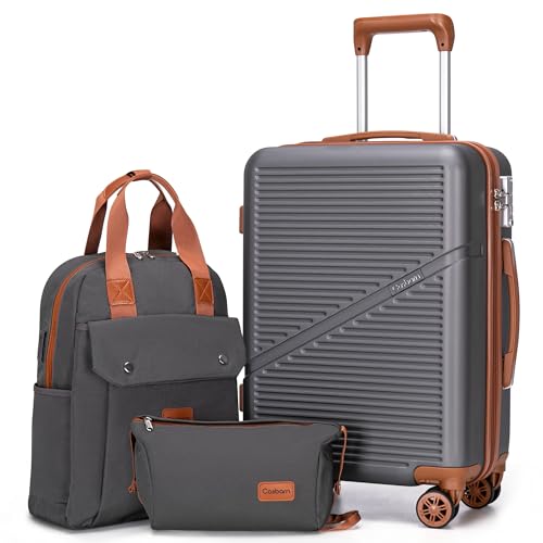 Cosbarn Carry On Luggage,3 Piece Suitcase Set,22x14x9 Airline Approved | Lightweight ABS Hardside Luggage, TSA-Approved Lock,Suitcases with 360° Spinner Wheels,20Inch,Matching Backpack,For Men&Women - color: Grey, style: Carry on Luggage With Backpack