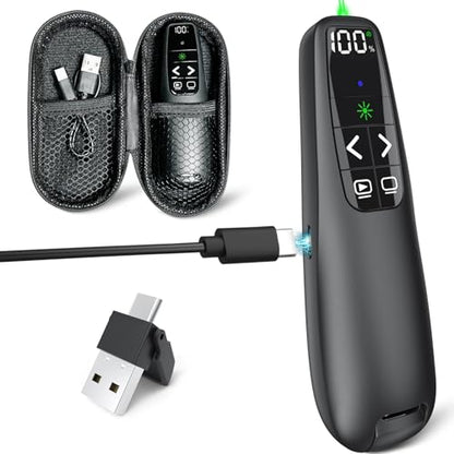 Rechargeable Presentation Clicker with Case, Power Digital Display Wireless Presenter Remote, USB C Green Light Pointer Computer PowerPoint PPT Clickers for Mac Laptop, Slideshow Google Slide Advancer - style: Green Light & Power Display