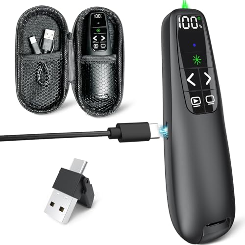 Rechargeable Presentation Clicker with Case, Power Digital Display Wireless Presenter Remote, USB C Green Light Pointer Computer PowerPoint PPT Clickers for Mac Laptop, Slideshow Google Slide Advancer - style: Green Light & Power Display