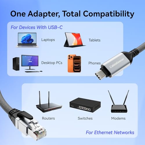 Ethernet to USB-C Cable, 6FT Gigabit Braided Nylon LAN Internet Cable, 1000Mbps High Speed USB C to RJ45 Adapter for Laptop, Tablet, PC, Phone, Router