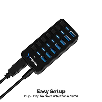 SABRENT 36W 7 Port USB 3.0 Hub with Individual Power Switches and LEDs Includes 36W 12V/3A Power Adapter (HB-BUP7) - size: 7-Port - 7 USB 3.0