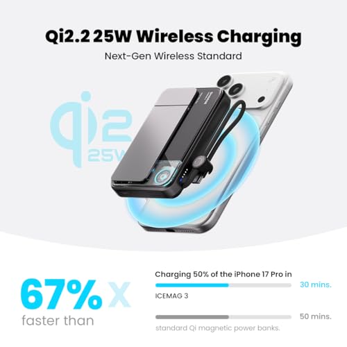 sharge for MagSafe Power Bank Qi2.2 25W 10000mAh Magnetic Portable Charger | ICEMAG 3 with 35W USB-C Fast Charging & Active Cooling & Built-in Cable, Transparent RGB Wireless Battery Pack - style: Classic