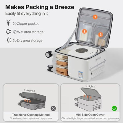 mixi 17x14x9 Carry On Luggage Underseat PC Hard Shell Suitcase Top Opening Aluminum Frame Travel Suitcases with Wheels, Smoke White - color: Smoke White, size: 17x14x9 Inch