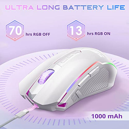 Redragon Wireless Gaming Mouse with RGB Backlit, 8000 DPI, with Fire Button, Macro Editing Programmable,70Hrs for Windows/Mac, Rechargeable, White, M910-WS - color: White, style: 2.4G/ Wired