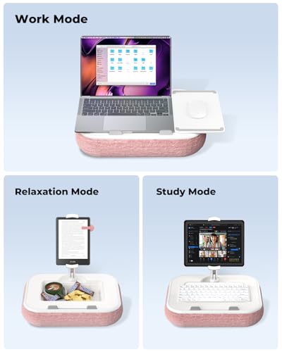 Viozon Kindle Pillow Stand Holder, Phone Holder for Bed, Laptop Lap Desk with Mouse Pad,Compatible with 4.7-13" Kindle/Tablet/Phone,10-15" Laptop, Snack Bowl&Cup Attachment&Detachable 360° Stand Arm,P - color: Pink