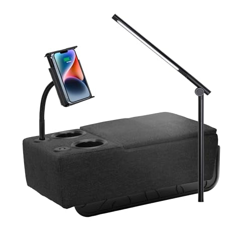 Removable Sofa Armrest, Dual Cup Holders Large Size Multifunctional Couch Caddy Storage Arm Rest with Power Wireless Charging Stand & LED Reading Light for Sofa Middle Seat Parts - color: Midnight, size: Fabric-2 CUPS