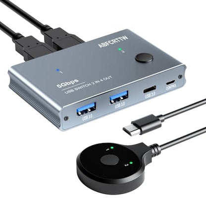 USB 3.0 Switch 2 in 4 Out with Desktop Controller, Aluminum USB Switch for 2 Computers with 1xUSB C Port and 3xUSB A Ports, 2 USB A to A Cables for Mouse, Keyboard, Printer, Webcam, U-Disk