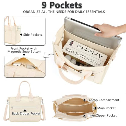 Fammart Large Canvas Tote Bag for Women with Zipper & Compartments, Crossbody Laptop Bags for Work College Travel - color: Beige