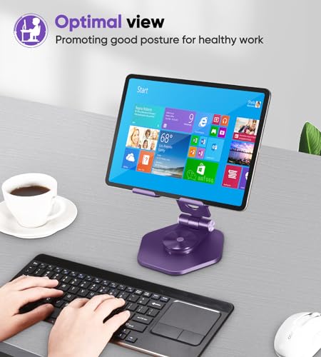 Tablet Stand, Aluminum Desktop Holder, Compatible with 5-12.9" iPad, Purple | 360° Swivel Adjustable Viewing Angles; Sturdy All-Aluminum Design Improve heat dissipation; Foldable and Storage; - color: Purple