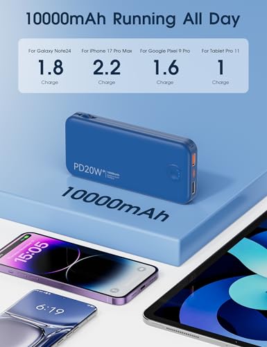 Nusyddy Portable Charger 10000mAh Fast Charging w/Built-in Wall Plug Navy | PD20W Fast Charging, LED Indicator, Pass Through Charging, TSA Approved, Compact/Slim, Power Bank for iPhone/iPad/Samsung - color: Navy
